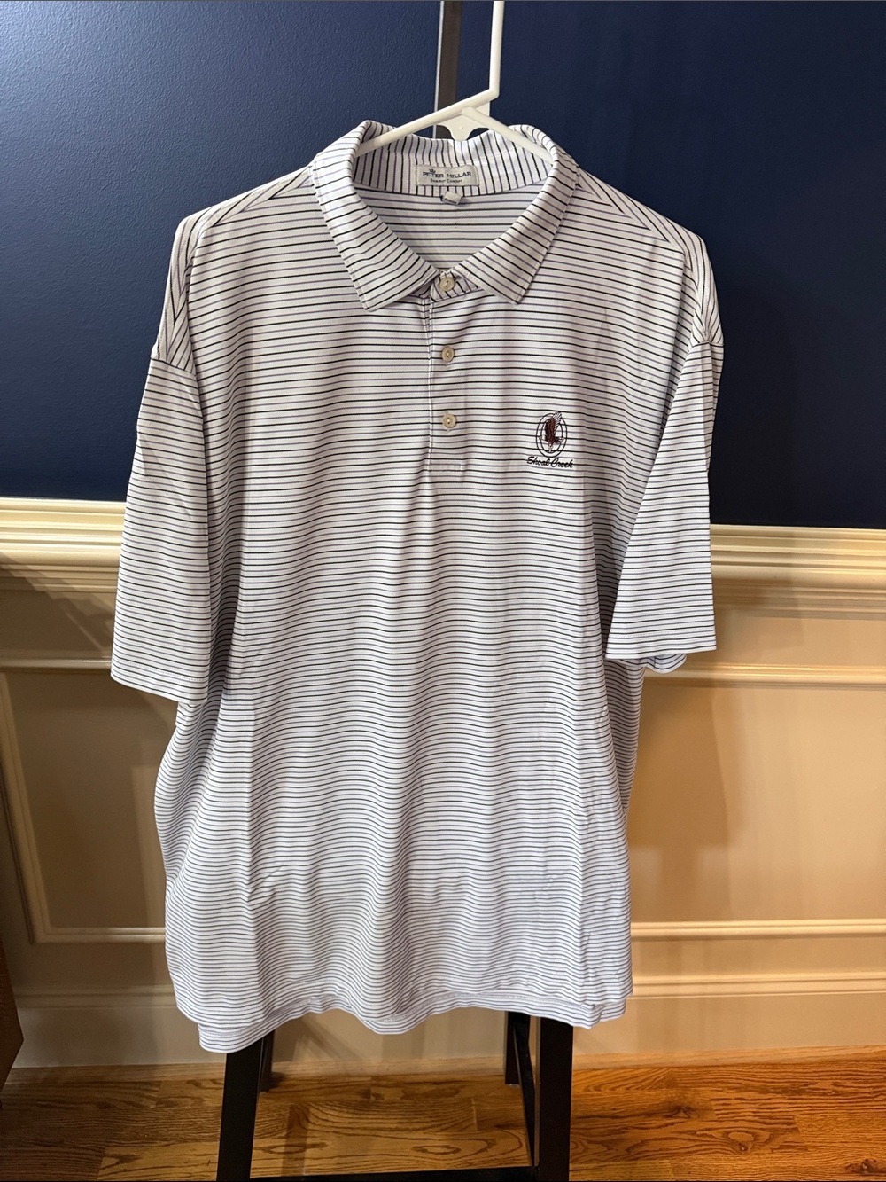 Peter Millar White Polo with Thin Black and Purple Stripes-Shoal Creek Logo